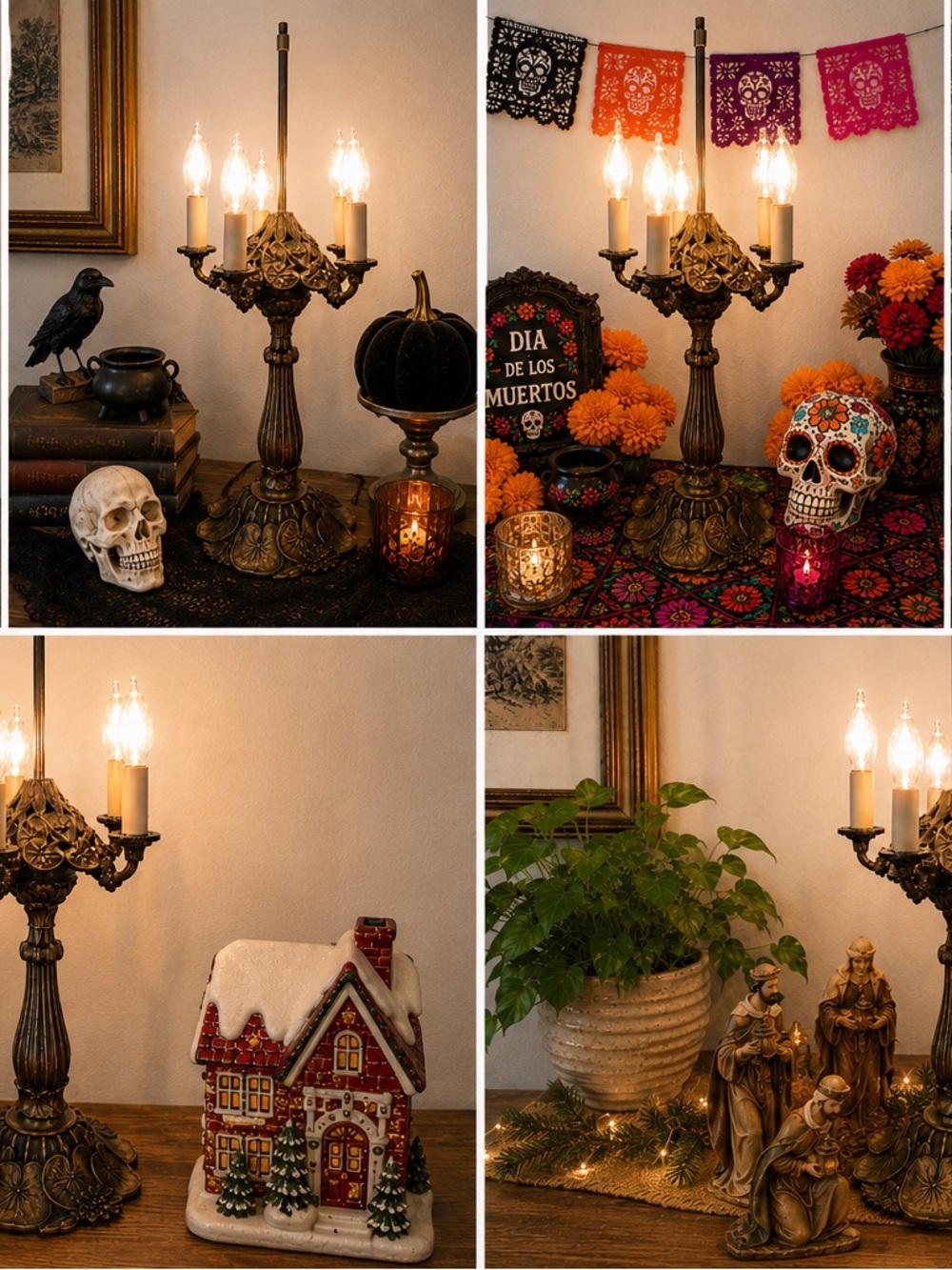 Ornate Vintage-Style Brass Table Lamp Candelabra with Candle Bulbs